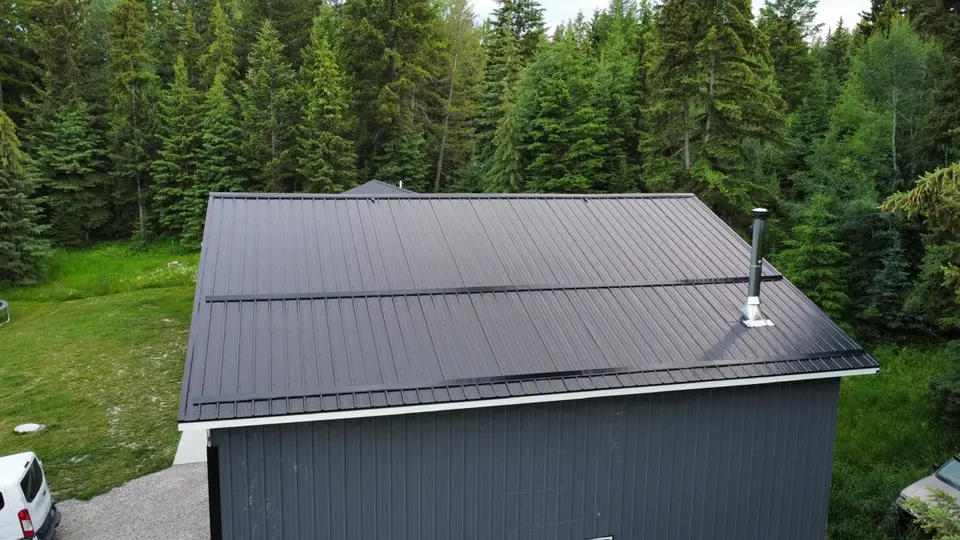 Aerial drone photo of a shingle roof surrounded by evergreen trees