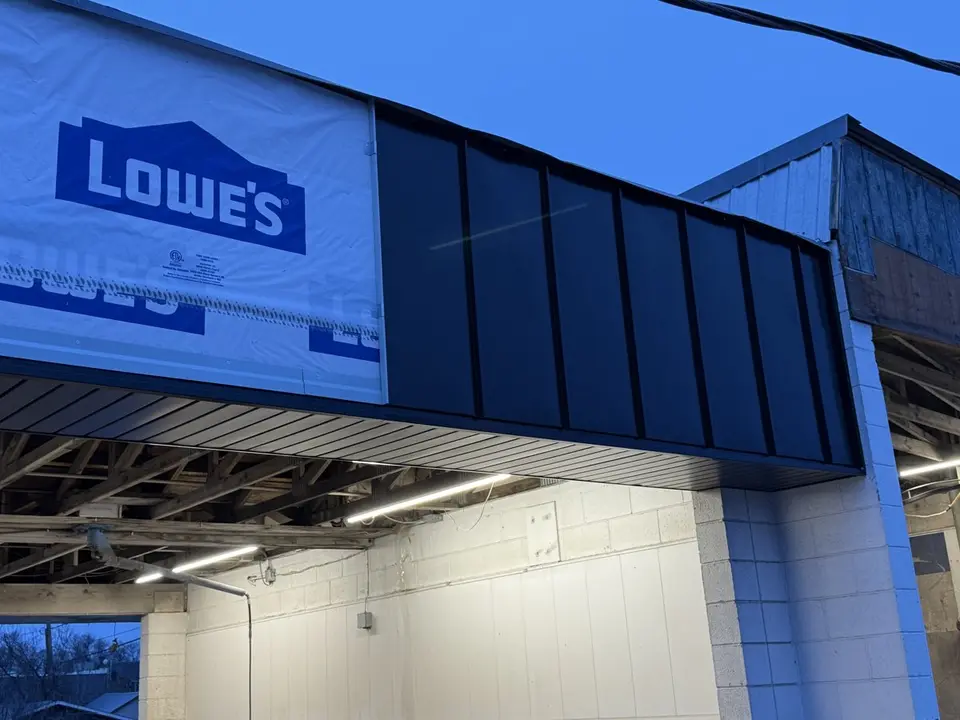 Metal roof panels on a commercial building