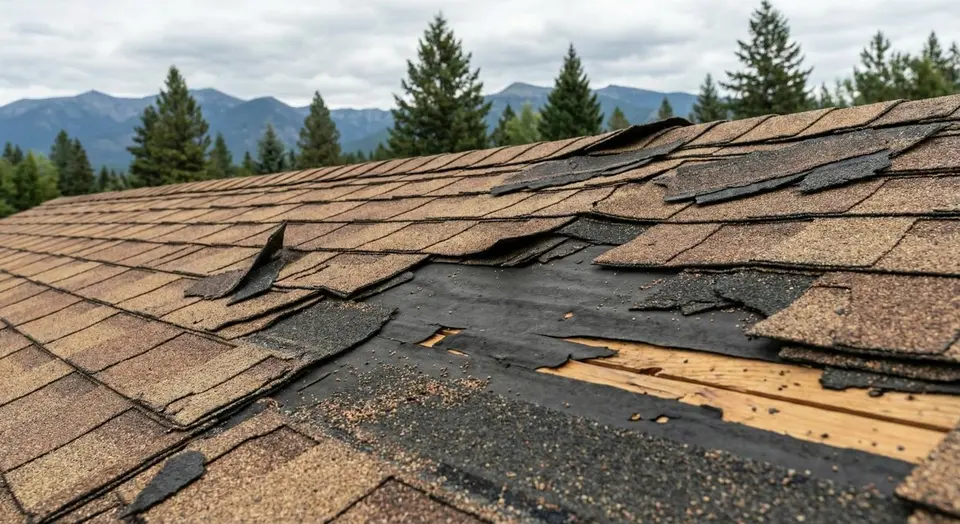 Wind-damaged asphalt shingles with lifted and torn tabs on a residential roof